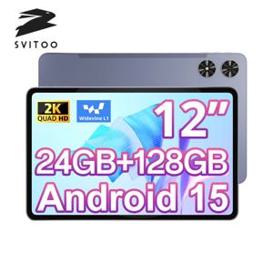 SVITOO 안드로이드 15 태블릿 2025 12인치 2000 x 1200 2K 디스플레이 옥타코어 프로세서 24GB RAM 128GB ROM (1TB 확장 가능) 8000mAh 배터리 WiFi 5 Bluetooth 5.0 GPS Widevine L1