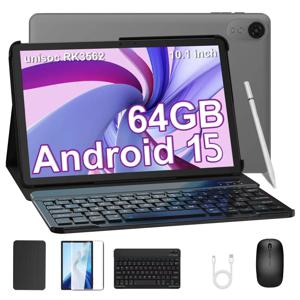 10인치 태블릿, 안드로이드 15, 8코어, 4GB+64GB, 1TB 확장, WiFi 6, 2MP+8MP, 펜슬, 키보드, 마우스 포함, 보호 케이스 포함