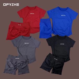 DFYZHE 2피스 임팩트 스포츠 슈트 반팔 심리스 요가 탑 피트니스 슈트 피트니스 러닝 반바지 스포츠 슈트 사이클링 복싱