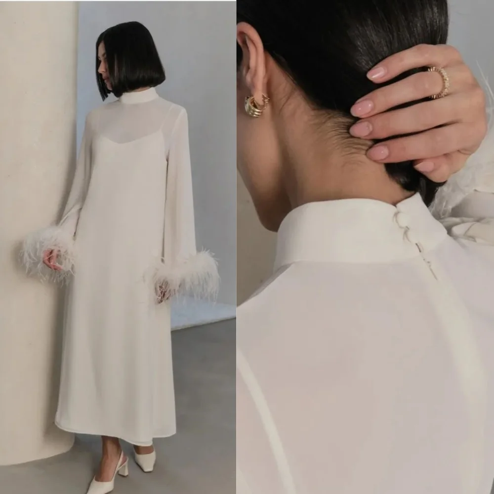 맞춤형 쉬폰 깃털, 홈커밍 A라인 하이 칼라, 맞춤형 가운, 미디 드레스