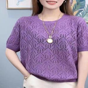 여름 아이스 실크 홀로우 니트 티셔츠 여성용 신상 라운드넥 솔리드 컬러 다용도 루즈핏 슬리밍 오버헤드 반팔 티셔츠 포켓 손수건