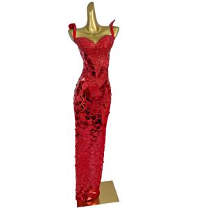 홍경편 화려한 레드 이브닝 드레스 반짝이는 다이아몬드 기하학적 미러 드레스 크리스마스 할로윈 생일 크루즈 파티 드레스