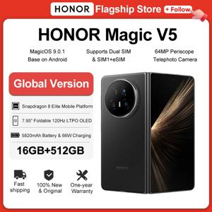 글로벌 버전 HONOR Magic V5 5G 스마트폰 스냅드래곤 8 엘리트 7.95인치 접이식 OLED 5820mAh 배터리 66W 슈퍼차지 eSIM 지원