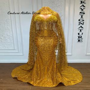 화려한 골드 스톤 장식과 헤드 커버, 비즈 장식, 라인스톤, 머메이드 스타일의 아프리카 웨딩드레스, 흑인 소녀들을 위한 맞춤 제작