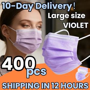 10일 안에 배송! 400개입 두꺼운 보라색 일회용 보호 마스크 - 3중 레이어로 통기성이 좋고 편안하며, 조절 가능한 귀걸이와 안전하게 고정되는 코 패드 - 가정용으로 저렴하게 구매 가능, 대량 구매 가능, 야외 활동, 가정, 출퇴근, 사무실, 학교, 남녀 공용으로 적합