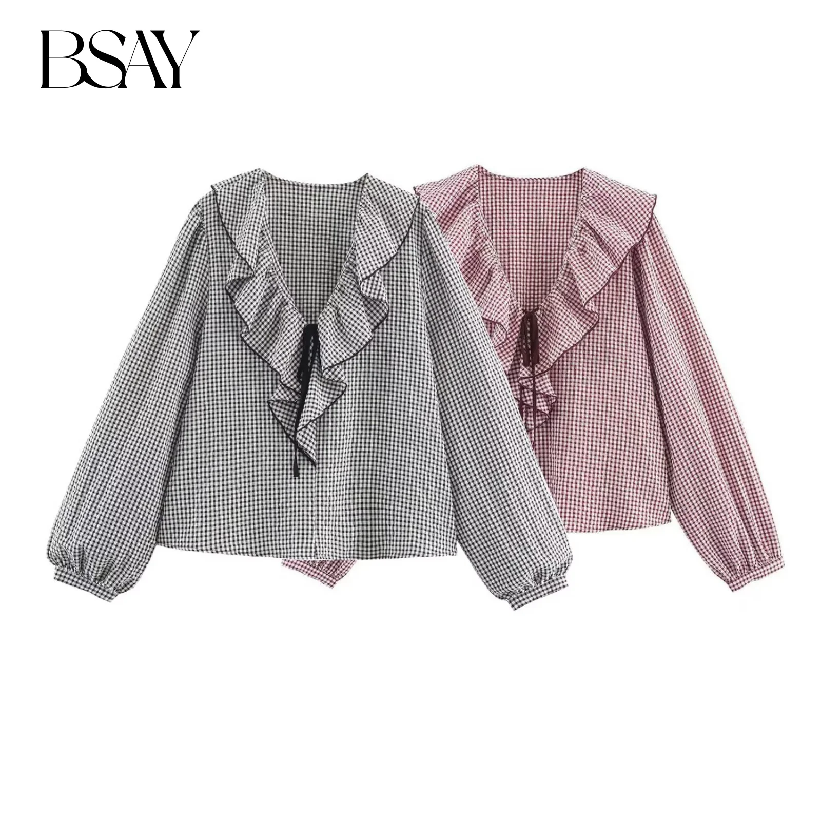 BSAY 보플레이드 셔츠 여성 의류 2025 가을 신상 프렌치 브이넥 긴팔 루즈핏 스윗 러플 블라우스 시크 여성 상의