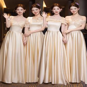 샴페인 컬러 메이드 드레스 새틴 원단 호스티스 가운 한국 스타일 신부 들러리 의상 나비 넥타이 롱 A라인 스커트 웨딩 드레스