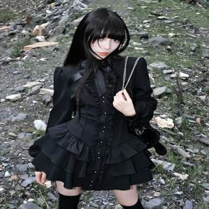 고딕 빈티지 레이스 Y2K 미니 드레스 여성 디자인 스트리트웨어 블랙 로리타 슬림 드레스 긴 소매 우아한 드레스 스파이시 걸스