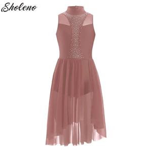 큰 여자 피겨 아이스 스케이트 댄스 드레스 발레 댄스 대회 반짝 이는 민소매 불규칙한 밑단 키즈 서정적 현대 댄스웨어