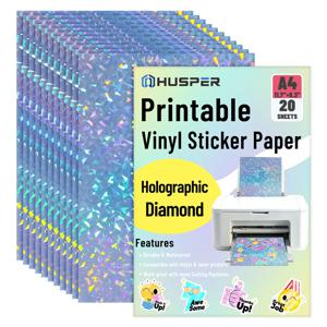 20/10매 A4 사이즈 인쇄 가능 비닐 다이아몬드 홀로그램 스티커 용지 (잉크젯 및 레이저 프린터용) 방수 자가 접착식