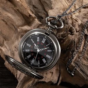 대형 클래식 블랙 듀얼 디스플레이 로마 레트로 시계, 블랙 페이스, 로마 숫자, 흰색 바늘, 향수를 불러일으키는 포켓 시계