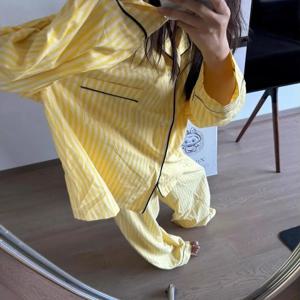 캐주얼 클라우드 코튼 잠옷 노란색 줄무늬 긴팔 긴 바지 홈웨어 세트 봄 가을 레이지 스타일 편안하고 부드러운