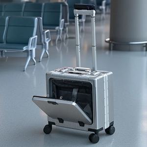 18인치 전면 개폐형 포켓 수트케이스 알루미늄 합금 프레임 롤링 러기지 기내 반입 여행용 트롤리 가방 스피너 휠 포함