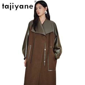 TAJIYANE 진짜 양가죽 텐셀과 울 혼합 코트 여성용 롱 트렌치코트 진짜 가죽 자켓 2026 가을옷 가죽자켓