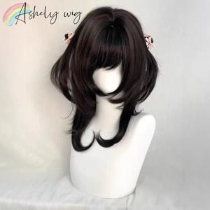 레이어드 가발 앞머리 포함 일본 스타일 18인치 쇄골 길이 젤리피쉬 헤어밴드 가발 곱슬머리 고온 섬유 합성 가발