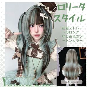 28인치 로리타 스타일 민트 초콜릿 합성 가발(뱅 포함) 여성용 긴 자연스러운 스트레이트 헤어 가발 코스프레 내열성