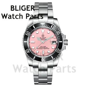 BLIGER 40MM 남성용 PT5000 미요타 8215 기계식 시계 핑크 다이얼 세라믹 베젤 사파이어 날짜 표시 스테인리스 스틸 다이빙 시계 남성용