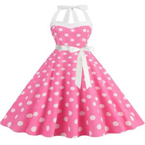 여성용 여름 파티 원피스, 벨트 포함 폴카 도트 프린트 홀터 헵번 로브, 50 년대 60 년대 빈티지 드레스