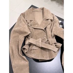 레트로 아메리칸 숏 가죽 자켓 여성 슬림핏 칼라 스탠드업 스프링 신상 유행 허리 조절 코트 탑