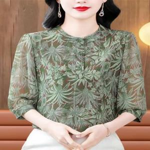 루즈핏 여성 쉬폰 셔츠 봄 여름 신상품 엄마 패션 상의 배 가리개 7부 소매 손수건 포켓