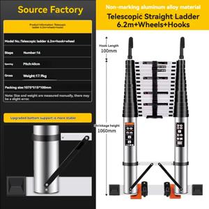 알루미늄 합금 텔레스코픽 사다리(후크 및 풀리 포함), 높이 2.2m~6.2m, 견고한 바닥 지지대, 추락 방지 설계