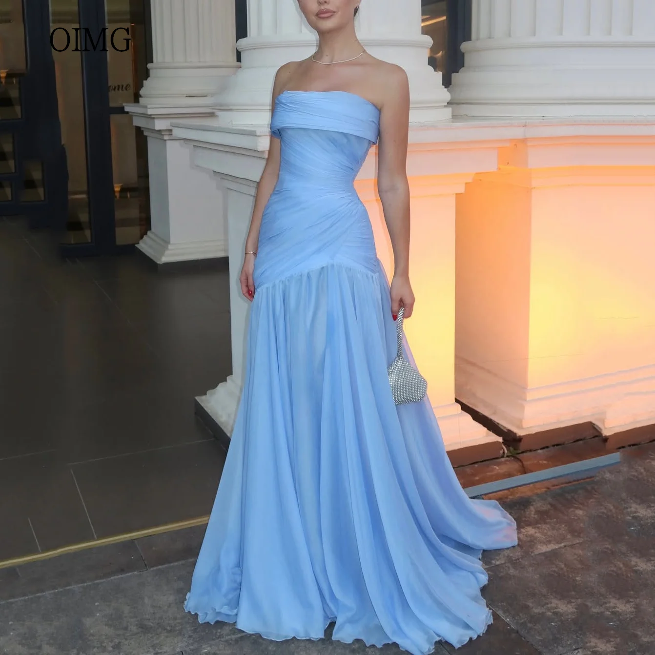 OIMG Maxi Strapless A 라인 댄스 파티 드레스 Backless Pleated Party 가운 바닥 길이 이브닝 드레스 vestidos de gala Customized