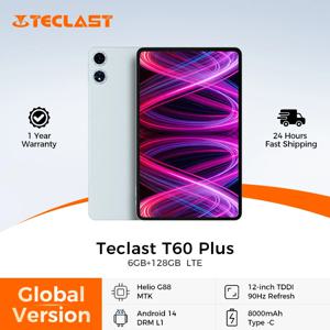 테클라스트 T60 플러스 태블릿 12인치 90Hz 2K 디스플레이 안드로이드 14 L1 MTK Helio G88 6GB/128GB 8000mAh 배터리 4G LTE 글로벌 버전 Tab2025