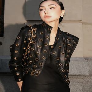 고품질 속이 비치는 바이커 가죽 재킷 여성용 디자인 감각적인 숏 가디건 트렌디한 스트릿 스타일 출퇴근 패션