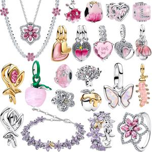 새로운 925 스털링 실버 네잎 클로버 꽃 귀걸이 반지 펜던트 비즈 DIY 여성용 팔찌 목걸이 쥬얼리 선물