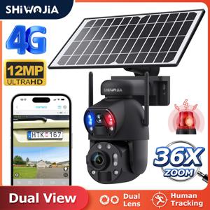 SHIWOJIA 6K 12MP 4G 태양열 카메라 36X 줌 DualLens 녹음 휴머노이드 추적 야외 WIFI 카메라 금속 방수 CCTV 12000mA
