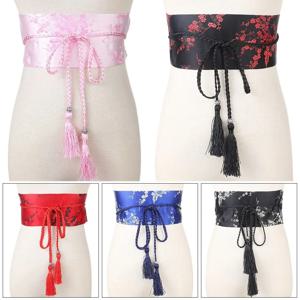 일본 와이드 코르셋 Cummerbunds 기모노 Bowknot 벨트 여성 빈티지 꽃 프린트 넥타이 새틴 허리띠 패션 액세서리