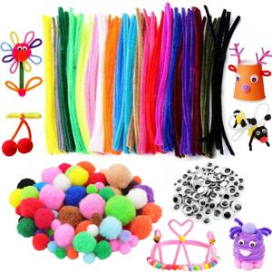 300pcs 어린이 미술 공예 용품 세트 DIY 활동 파티 100 파이프 클리너 100 Pompoms 100 흔들기 눈 자기 접착 장난감 선물