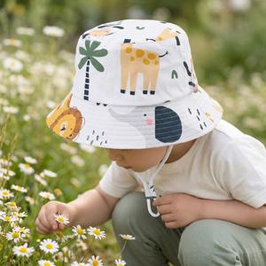 새로운 여름 아기 모자 만화 프린트 와이드 브림 어부 모자 소년 소녀용 조절 가능한 턱끈 유아용 비치 캡
