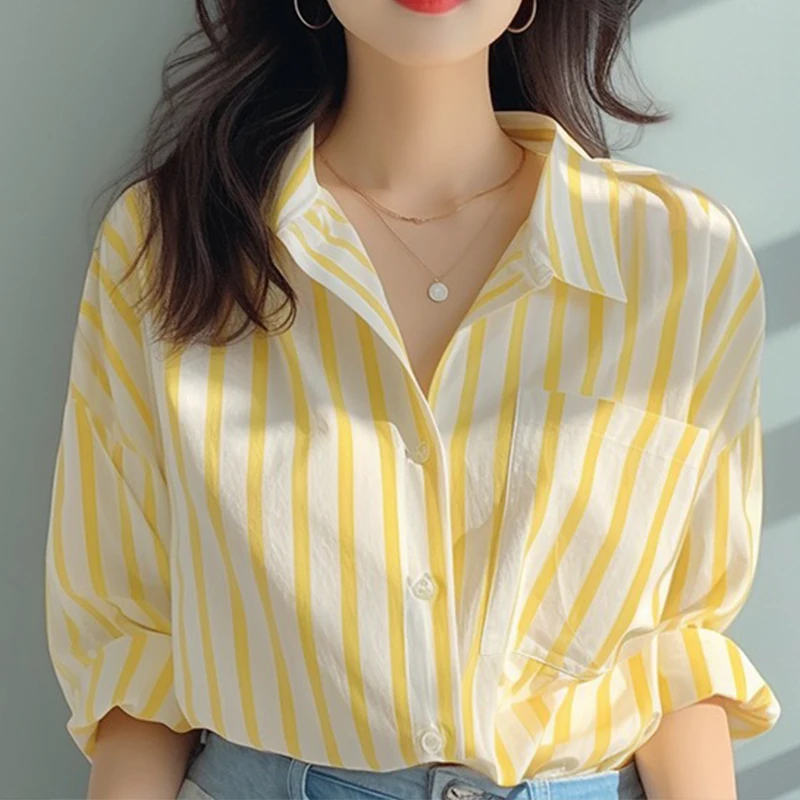 노란색과 흰색 세로 줄무늬 셔츠 여성 봄, 가을 새로운 셔츠 유럽 캐주얼 폭발적인 긴팔 셔츠