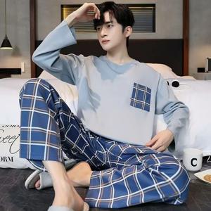 남성용 잠옷 세트 긴 소매 검은색 줄무늬 가을 및 겨울 청소년 학생 잠옷 라운지웨어 투피스 세트 잠옷 홈웨어