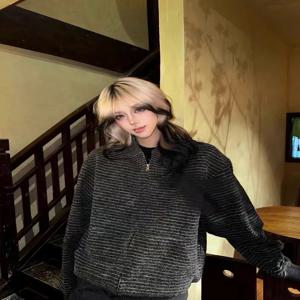 2000년대 미국 빈티지 스트라이프 루즈핏 긴팔 후드 스웨트셔츠 Y2K 서브컬쳐 캐주얼 지퍼업 후드 가디건 하라주쿠 코트