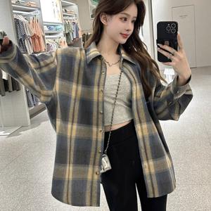 로엔나 여성용 체크 남방 빅사이즈 S~5XL 오버핏 캐주얼 셔츠