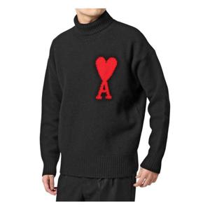 아미 남성 하트 인타르시아 오버사이즈 울 터틀넥 니트 블랙 BFUKS402018009