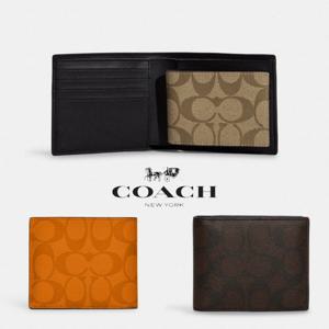 코치 CA001 OS 남자 시그니쳐 캔버스 접이식 송아지 가죽 지갑