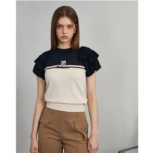 [에고이스트] EGEQ3KH762 프릴 소매 컬러블록 하이넥 풀오버 니트 (24년 가을) EGEQ3KH7