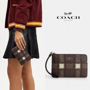 코치 CN012 cnb 여자 브러시드 격자 무늬 프린트 코너 지퍼 지갑