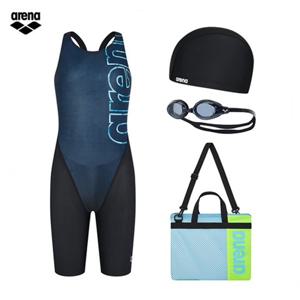 [아레나] 아레나 생존수영 빅로고 A4BG1KG03 BLK (주머니백 증정) 여아동 4부 반신수영복 수경 수모 가방 4종세트 A4BG1KG03