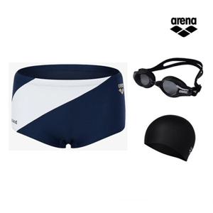 [아레나] 아레나 마린 플레이어 세트  A5BM1MQ03 NVY (주머니백 증정) 남성 숏사각 실내수영복 수경 수모 3종세트 A5BM1MQ03