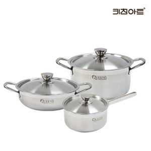 키친아트 퀸즈 인덕션용냄비 통3중 304스텐 냄비세트 3종B 편18+양24+전24