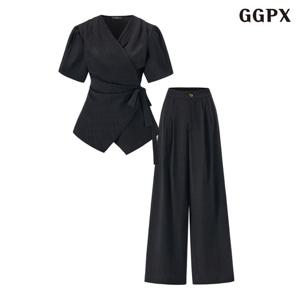 [GGPX]랩스타일 V넥 블라우스 롱 팬츠 셋업 (GQBOW003D)