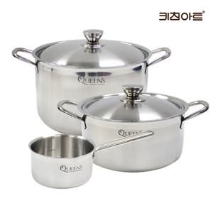키친아트 퀸즈 인덕션용냄비 통3중 304스텐 냄비세트 3종H 편14+양24+곰28