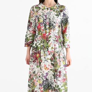 [비꼴리끄]린넨 프린트 라운드 카라 칠부 원피스 B252WO3110