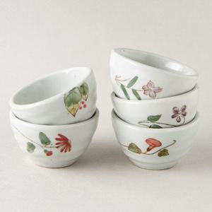 이천도자기 5가지 꽃 도자기 찻잔 5p 화이트 다도세트 전통찻잔 차도구 휴대용다기세트 부부선물 신혼부부