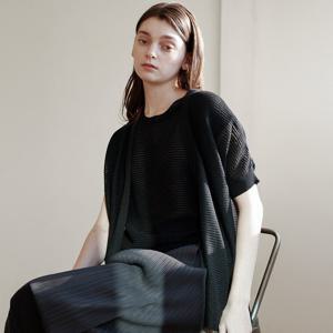 [요이츠]린넨 시스루 플리츠 라운드 반소매 니트_YI06WQKPO11