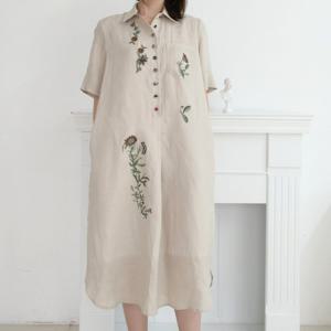 [비꼴리끄]린넨 밴드 넥 꽃자수 원피스 B252WO2050